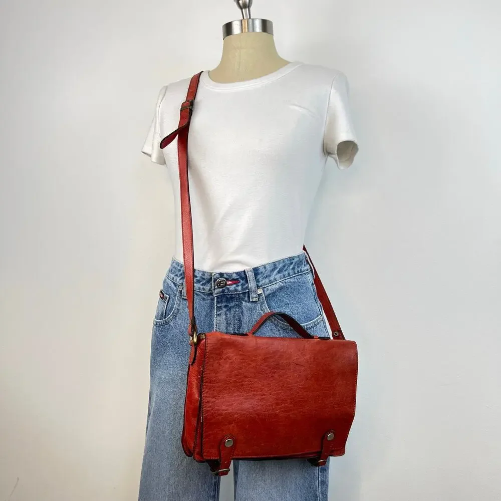 Vintage Red Genuine Leather Classic Cross-Body Messenger Bag Purse